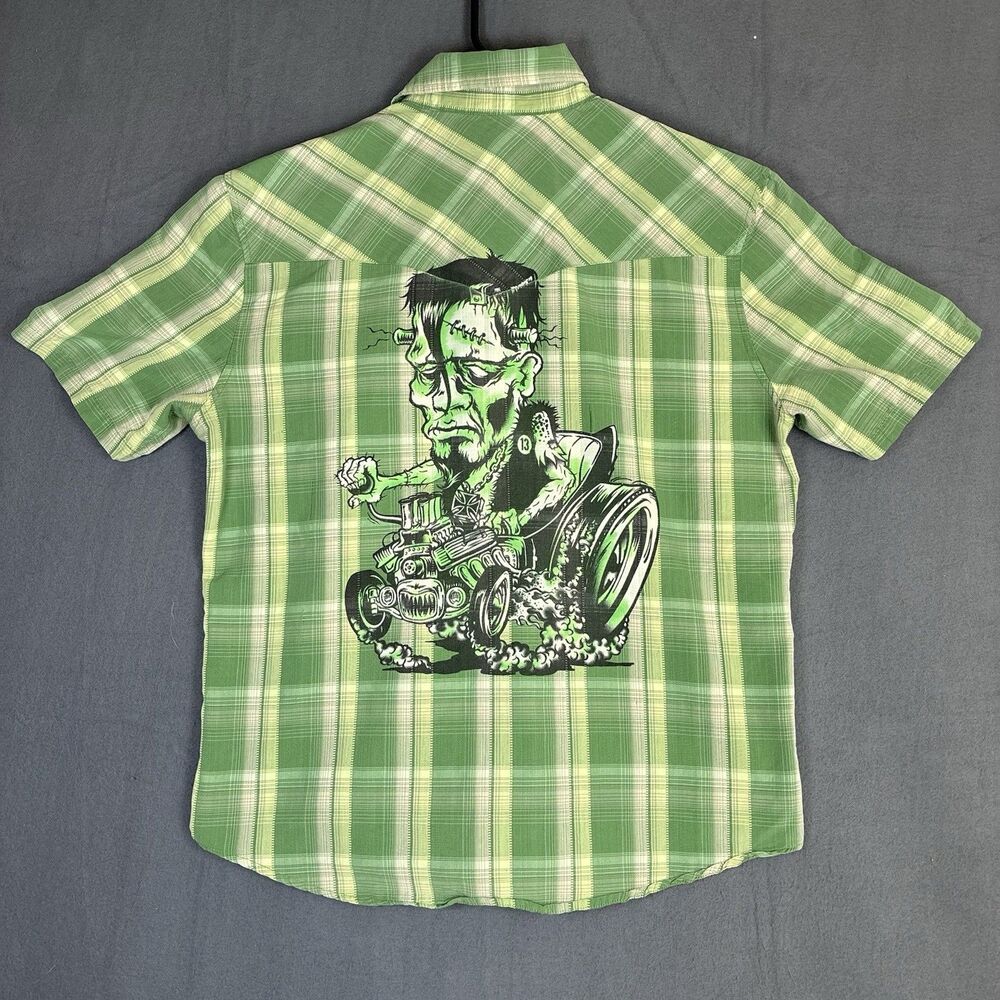 Lucky 13 Shirt Large Green Plaid Pearl Snap Western Frankenstein Hot Rod Vintage